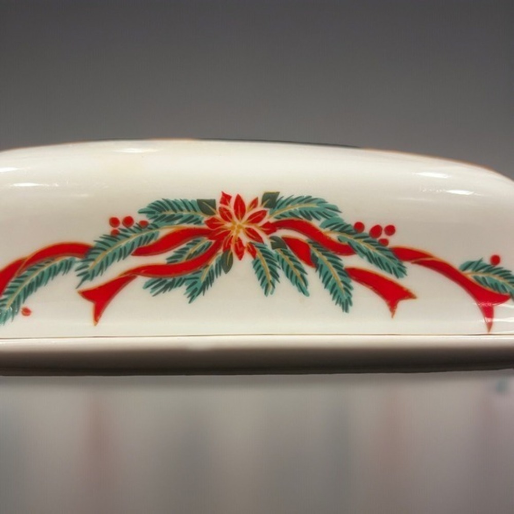 Poinsettia & Ribbons Vintage Christmas Fine China Butter Dish - Picture 2 of 5